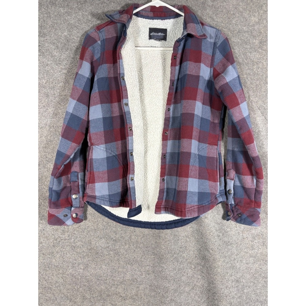 Eddie Bauer Womens Sherpa Lined Flannel Shirt Jacket Red Blue Plaid Small 264748